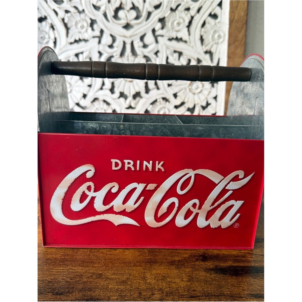 Coca Cola Red Metal Beverage Carrier with Wood Handle